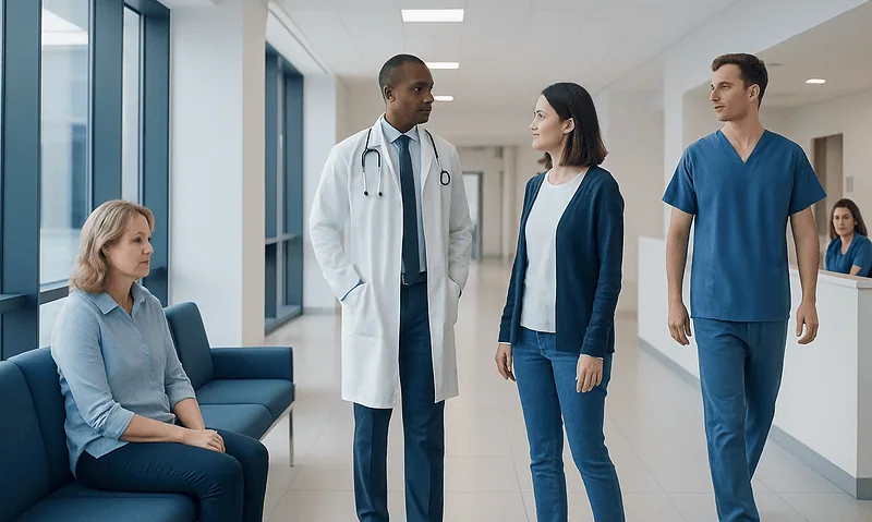 Venlafaxine — Explained by Medical Evidence, Not Myths 5 Medical consultation in hospital corridor with doctor and patients.