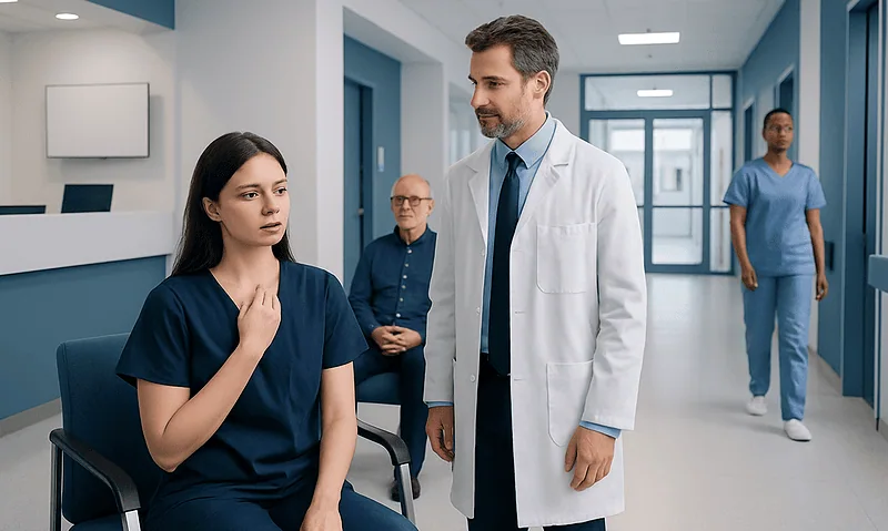 Doctor consulting with a patient in a hospital corridor.