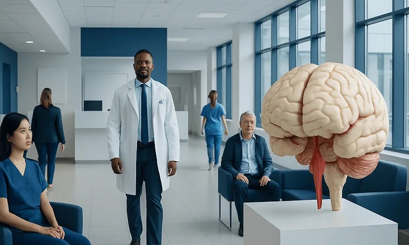 Medical team with brain model in hospital corridor for neurological care.