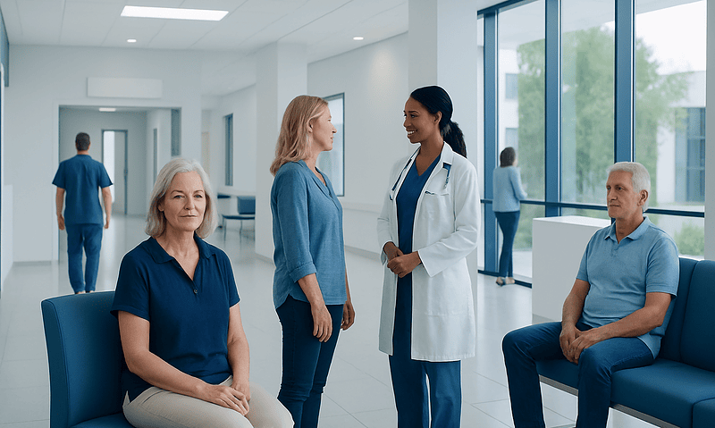 Patients and healthcare professional in a modern hospital corridor.