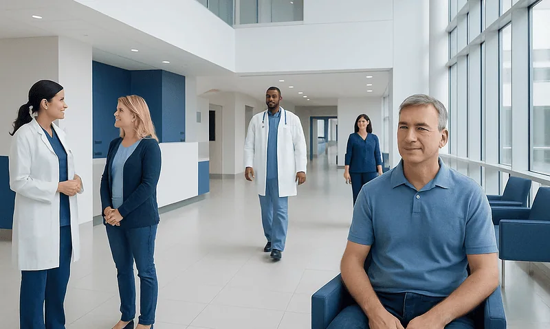 Patients and doctors in a modern hospital lobby with large windows.