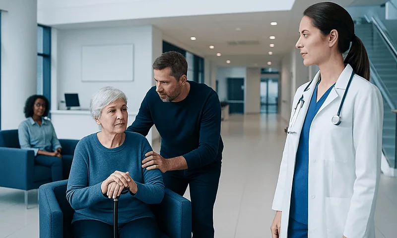 Doctor consulting elderly patient in hospital lobby with nurse nearby.