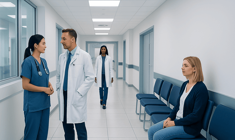 Medical staff discussing patient care in hospital corridor.