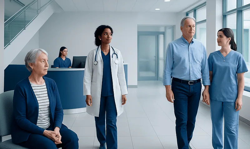 Medical staff and patient in a hospital corridor at Acibadem Hospitals Group.