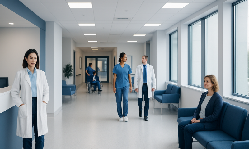 Healthcare professionals and patient in a modern hospital corridor.