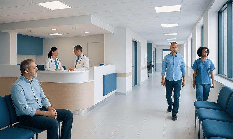 Modern hospital reception area with staff and patients.