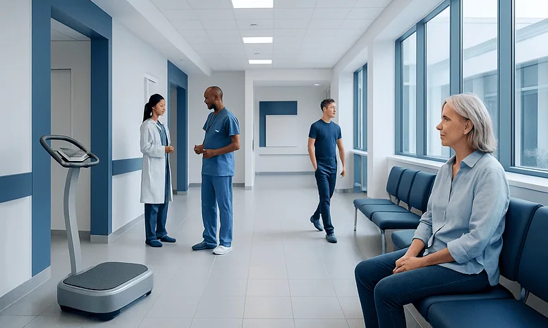 Hospital corridor with patients and medical staff, modern and clean environment.