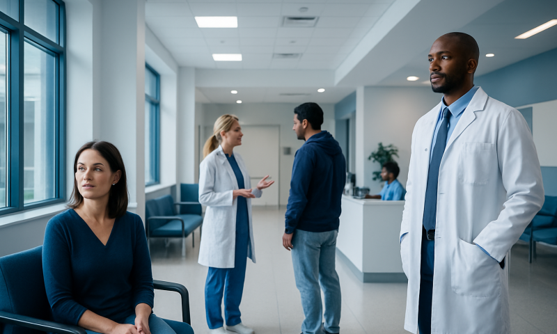 Medical consultation in a modern hospital waiting area with healthcare professionals and patients.