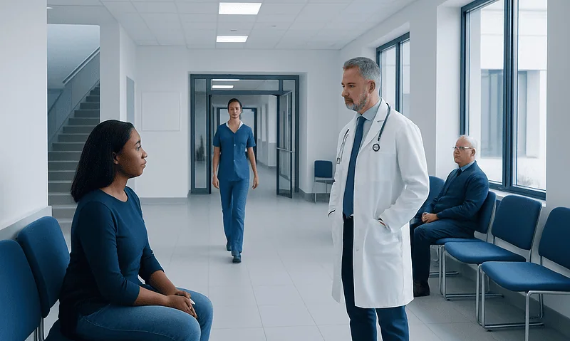 Doctor consulting a patient in a hospital corridor at Acibadem Hospitals Group.