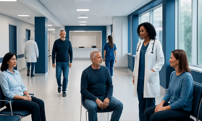 Patients in a hospital waiting area with a doctor and staff.