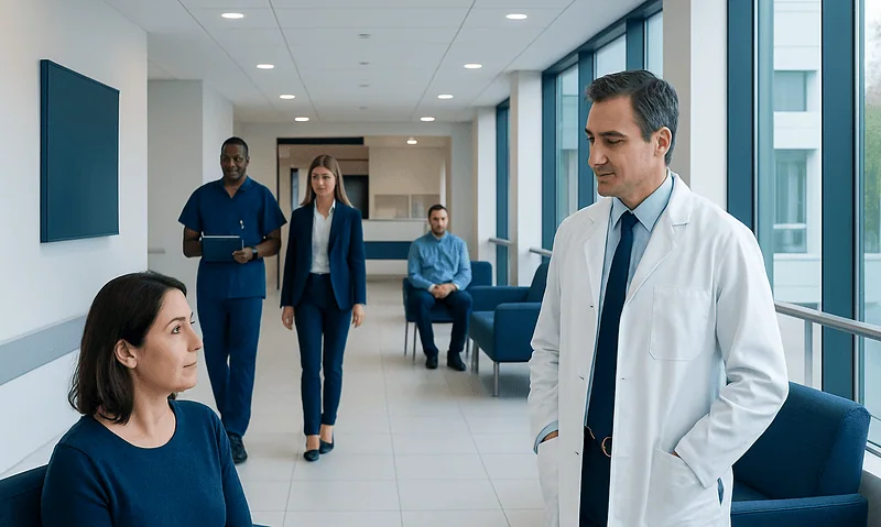 Doctor consulting female patient in hospital corridor with staff in background.