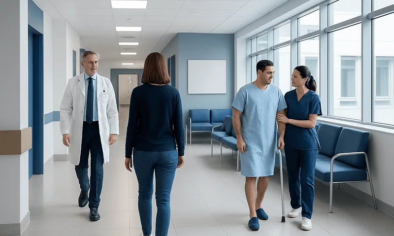 Hospital corridor with medical staff and patient in conversation.