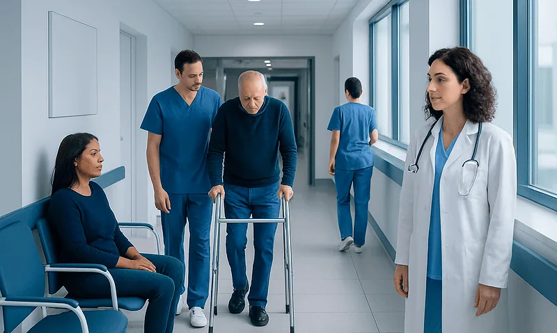 Elderly patient with walker in hospital corridor with medical staff nearby.