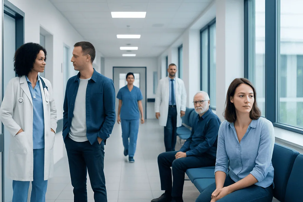 Viral Infections: Early Signs, Risk Factors, and How It Is Treated 1 Medical professionals and patients in a hospital corridor at Acibadem Hospitals Group.