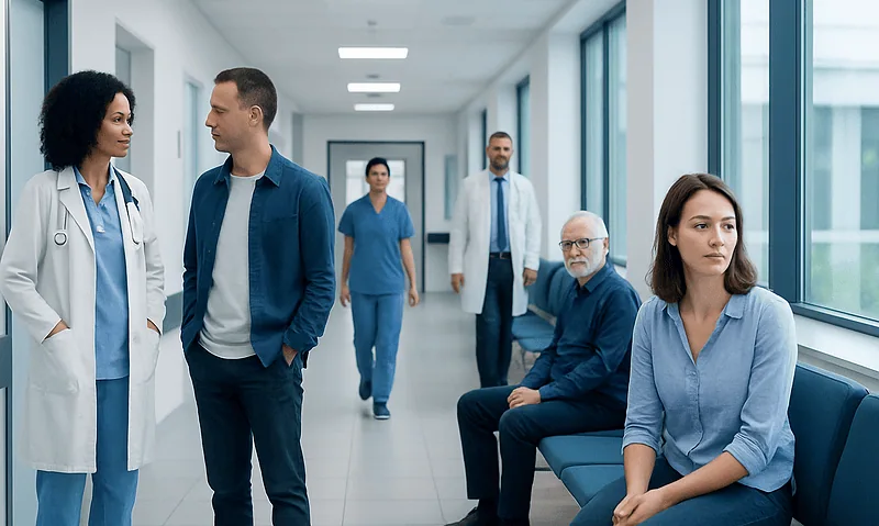 Medical professionals and patients in a hospital corridor at Acibadem Hospitals Group.