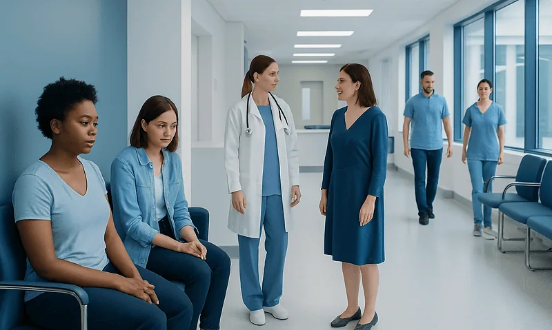 Medical staff and patients in a hospital corridor at Acibadem Hospitals Group.