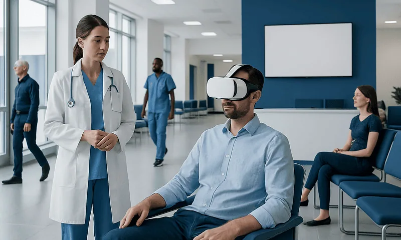 Patient using VR headset in hospital waiting area with medical staff nearby.