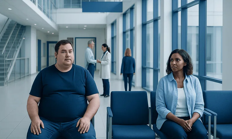 Visceral Fat: An Evidence-Based Guide for Patients 1 Patients waiting in a modern hospital corridor with medical staff in the background.
