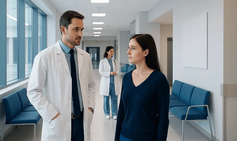 Understanding Visual Snow Syndrome: A Complete Patient Guide 13 Doctor and patient having a consultation in a modern hospital corridor.