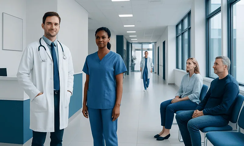 Medical professionals and patients in a hospital corridor at Acibadem Hospitals Group.