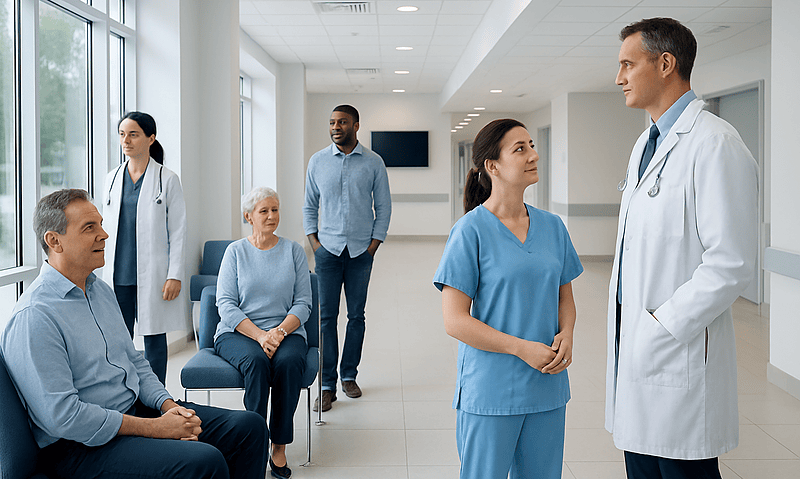 Medical team consulting with elderly patients in a hospital corridor.