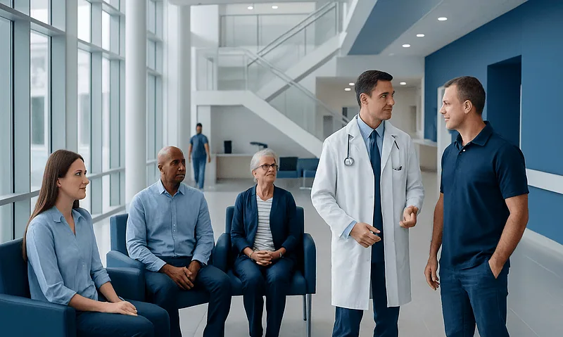 Doctor consulting with patient in hospital lobby with waiting area.