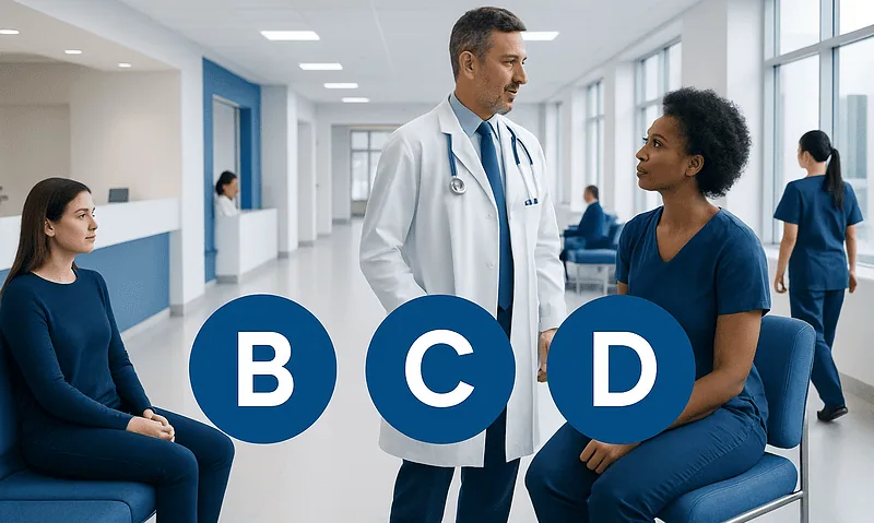 Doctor consulting with a patient in a hospital corridor with vitamin B, C, D symbols.