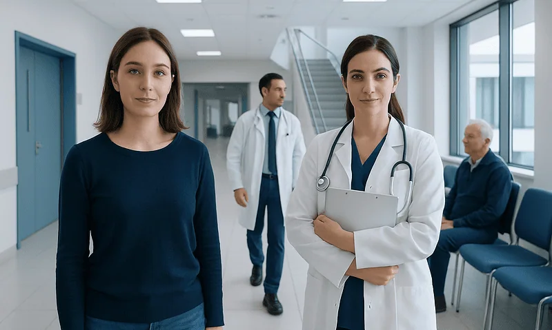 Medical team in hospital corridor with doctor and patient.