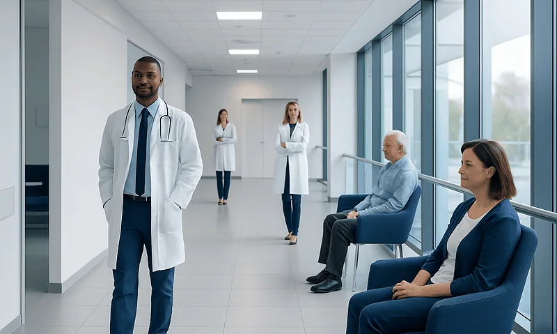 Healthcare professionals and patients in a modern hospital corridor.