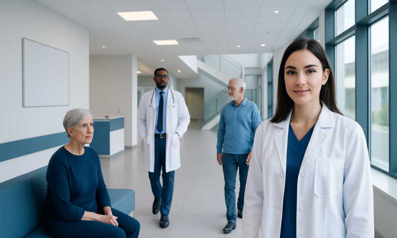 Healthcare professionals and patient in a modern hospital corridor.
