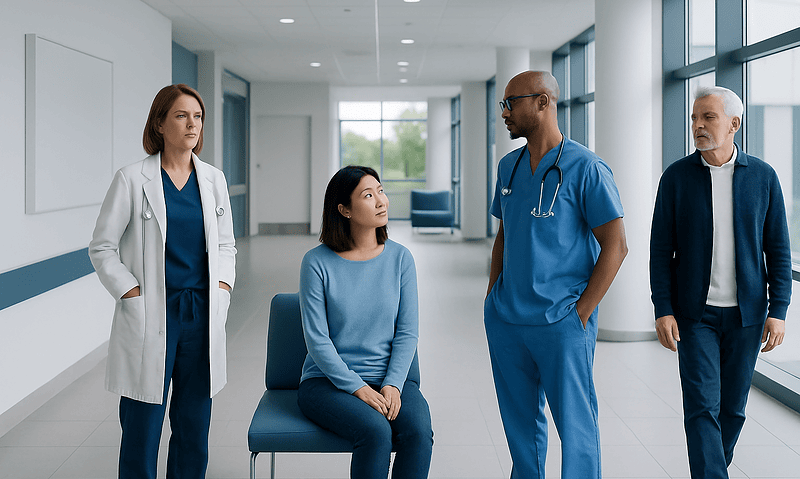 Vitamin B12 Blood Test: What Low and High Levels Mean — and What to Do Next 1 Medical consultation in hospital corridor with diverse healthcare professionals and patient.