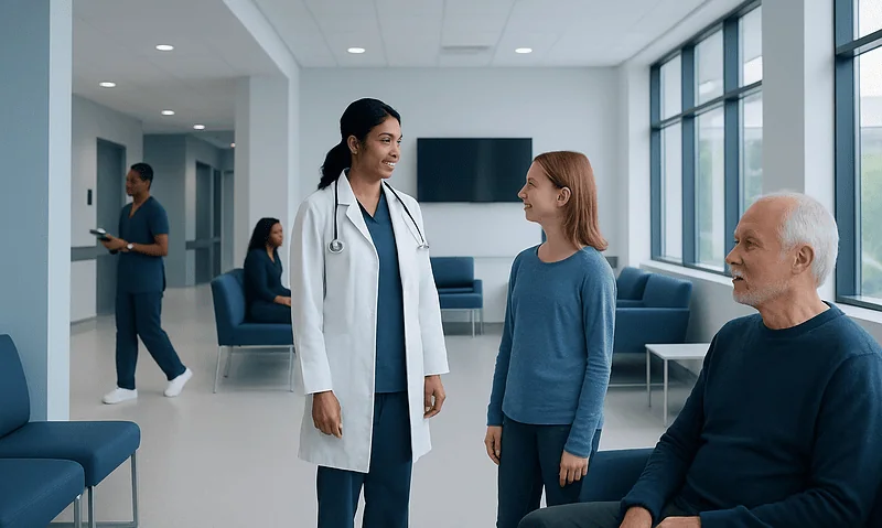 Vitamin B2: What the Clinical Research Actually Says 4 Doctor talking to a young girl and an elderly man in a hospital waiting area.