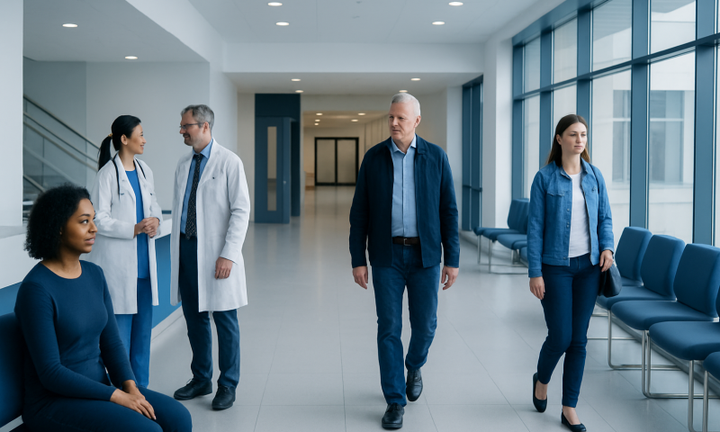Medical professionals and patients in a modern hospital corridor.