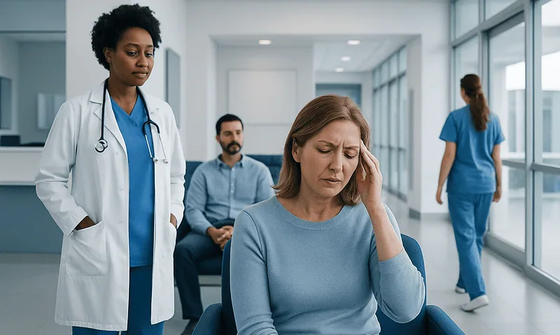 Patient experiencing headache in hospital waiting area with medical staff nearby.