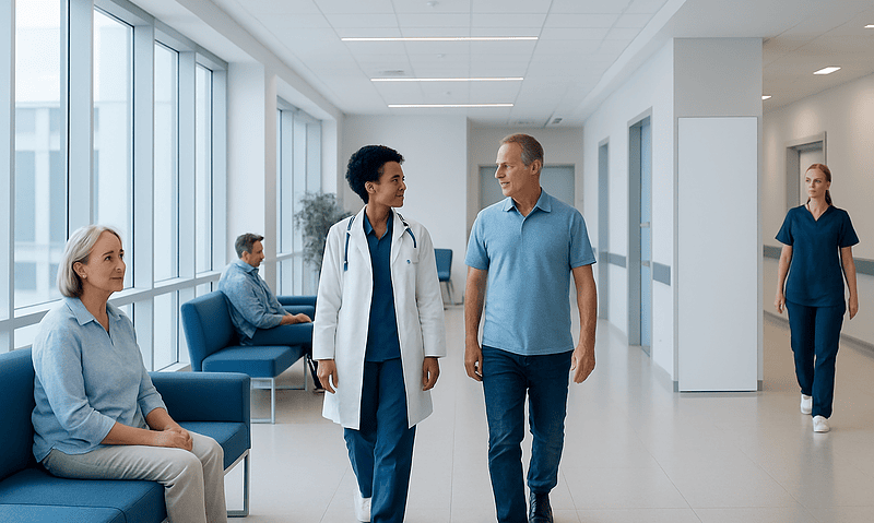 Hospital corridor with medical staff and patients engaging in conversation.