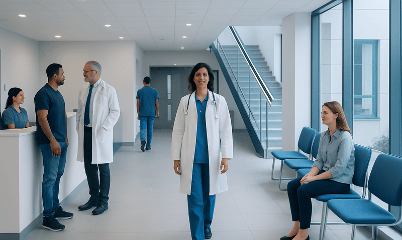 Healthcare professionals and patients in a modern hospital corridor.