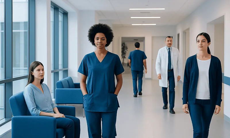 Diverse healthcare professionals in a modern hospital corridor.