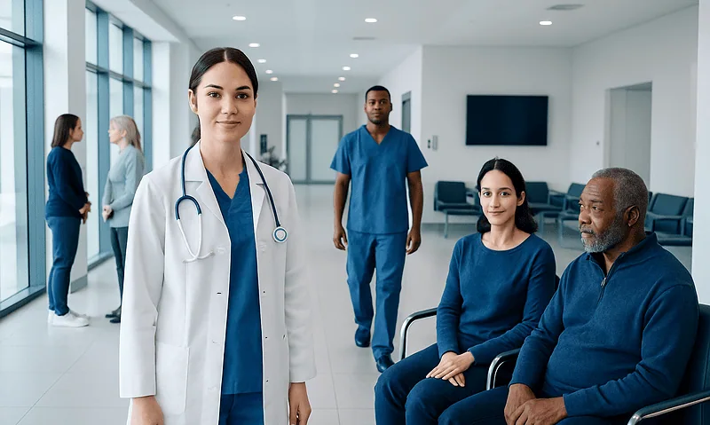 Healthcare professionals and patients in a modern hospital corridor.