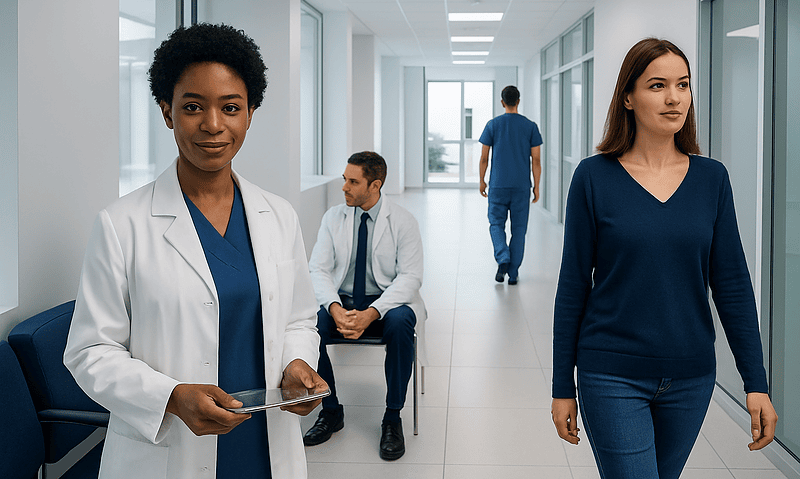 Diverse medical team in hospital corridor with patients and staff.