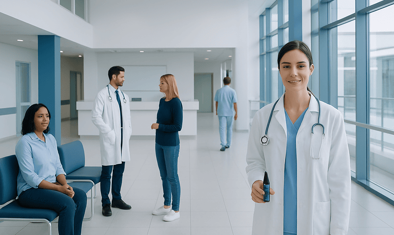 Healthcare professionals in a modern hospital corridor with large windows.