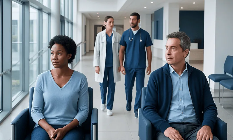 Patients waiting in a hospital corridor with medical staff in the background.
