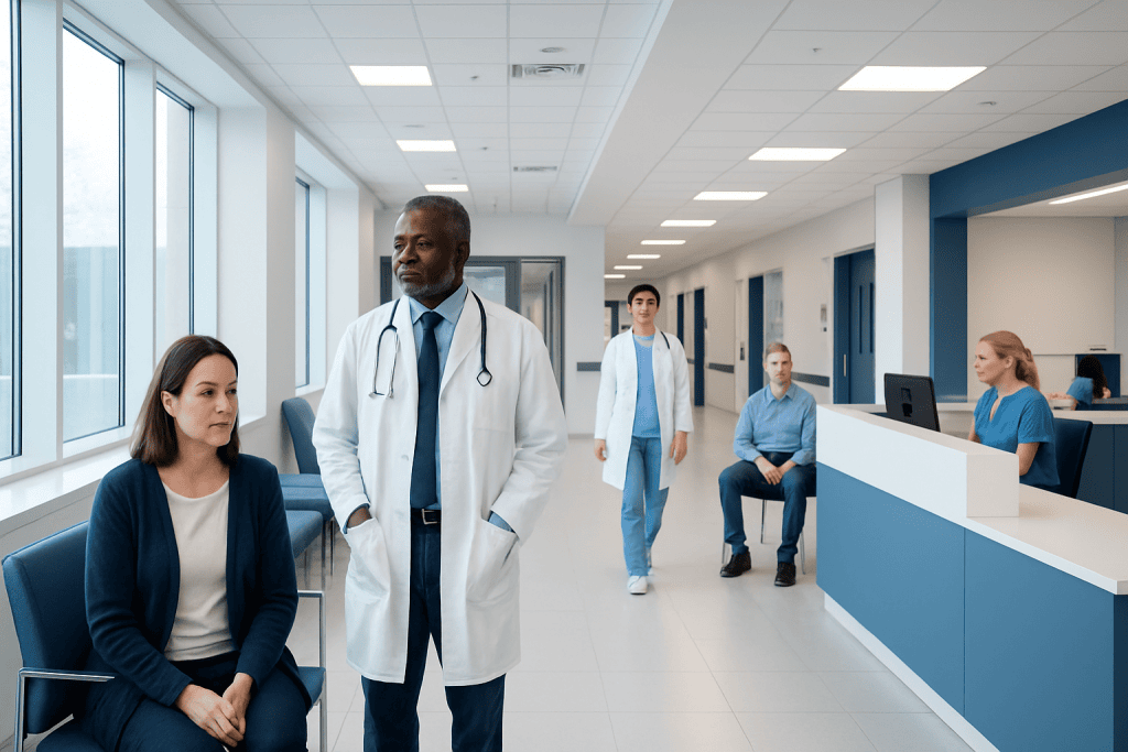 Vitamin D Deficiency: What the Clinical Research Actually Says 1 Medical consultation in a modern hospital waiting area with healthcare professionals and patients.