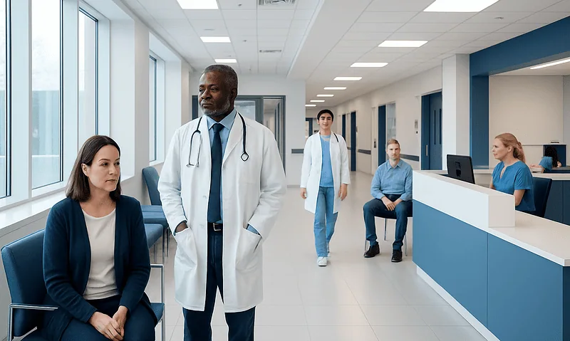 Medical consultation in a modern hospital waiting area with healthcare professionals and patients.