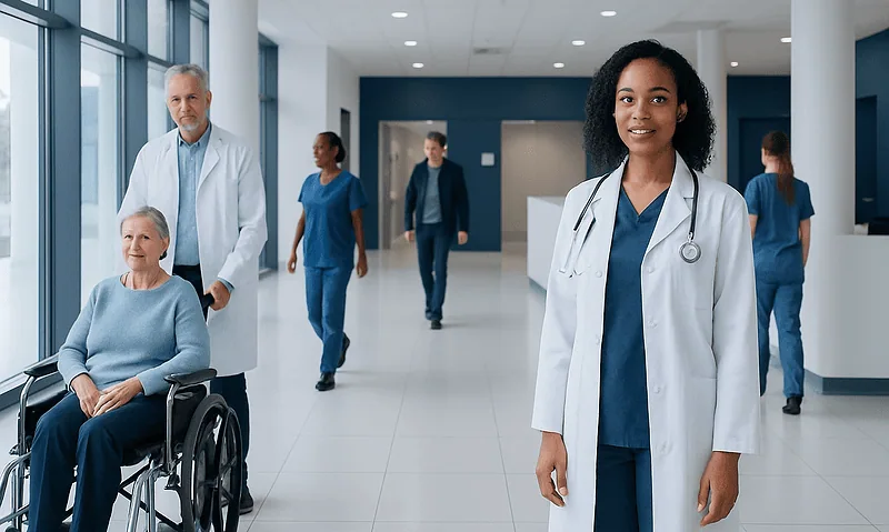 Diverse healthcare team with a patient in a modern hospital corridor.