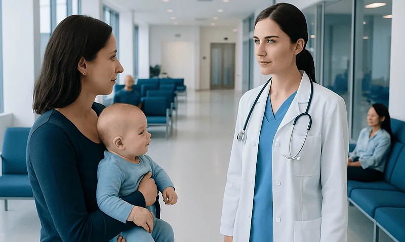 Doctor consulting mother and baby in hospital corridor.
