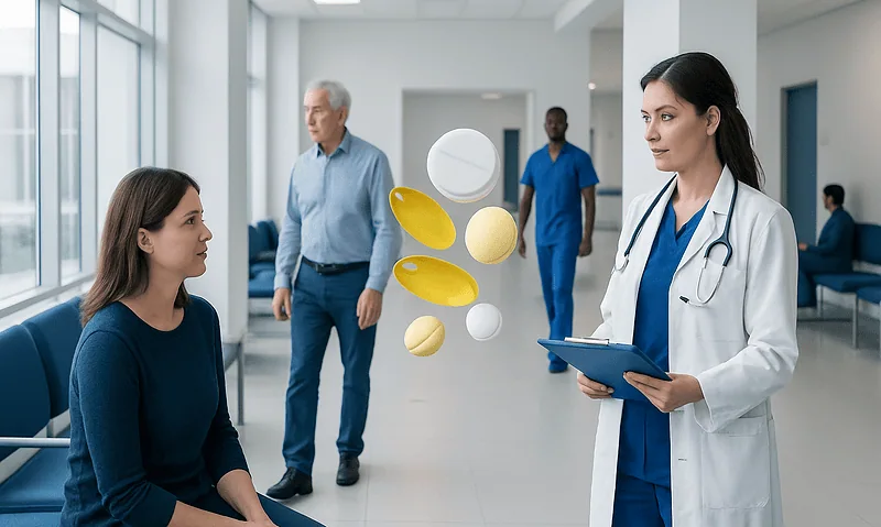 Doctor explaining vitamin D supplements to patient in hospital setting.