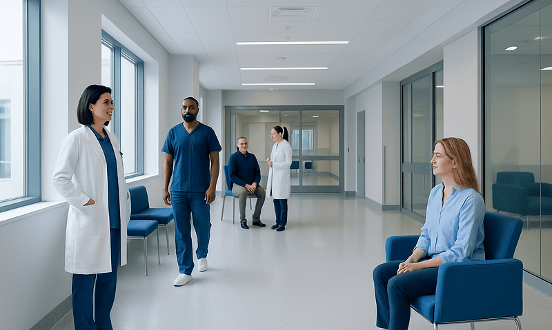 Vitamin D Blood Test: What Low and High Levels Mean — and What to Do Next 2 Medical professionals and patient in a hospital corridor at Acibadem Hospitals Group.