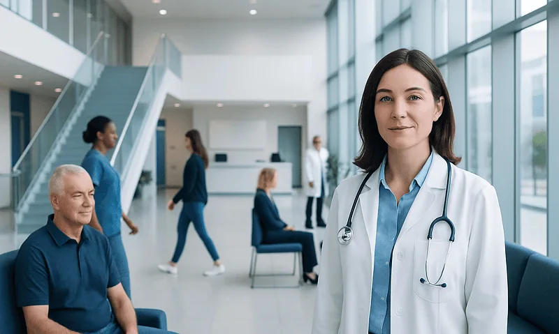 Female doctor in hospital lobby with patients and staff in background.