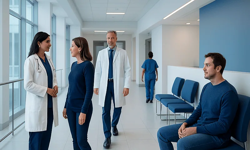 Medical professionals and patient in a hospital corridor.