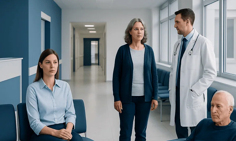 Doctor consulting with female patient in hospital corridor.